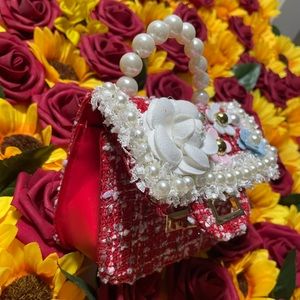 MINI RED PEARL & FLORAL TWEED PURSE
